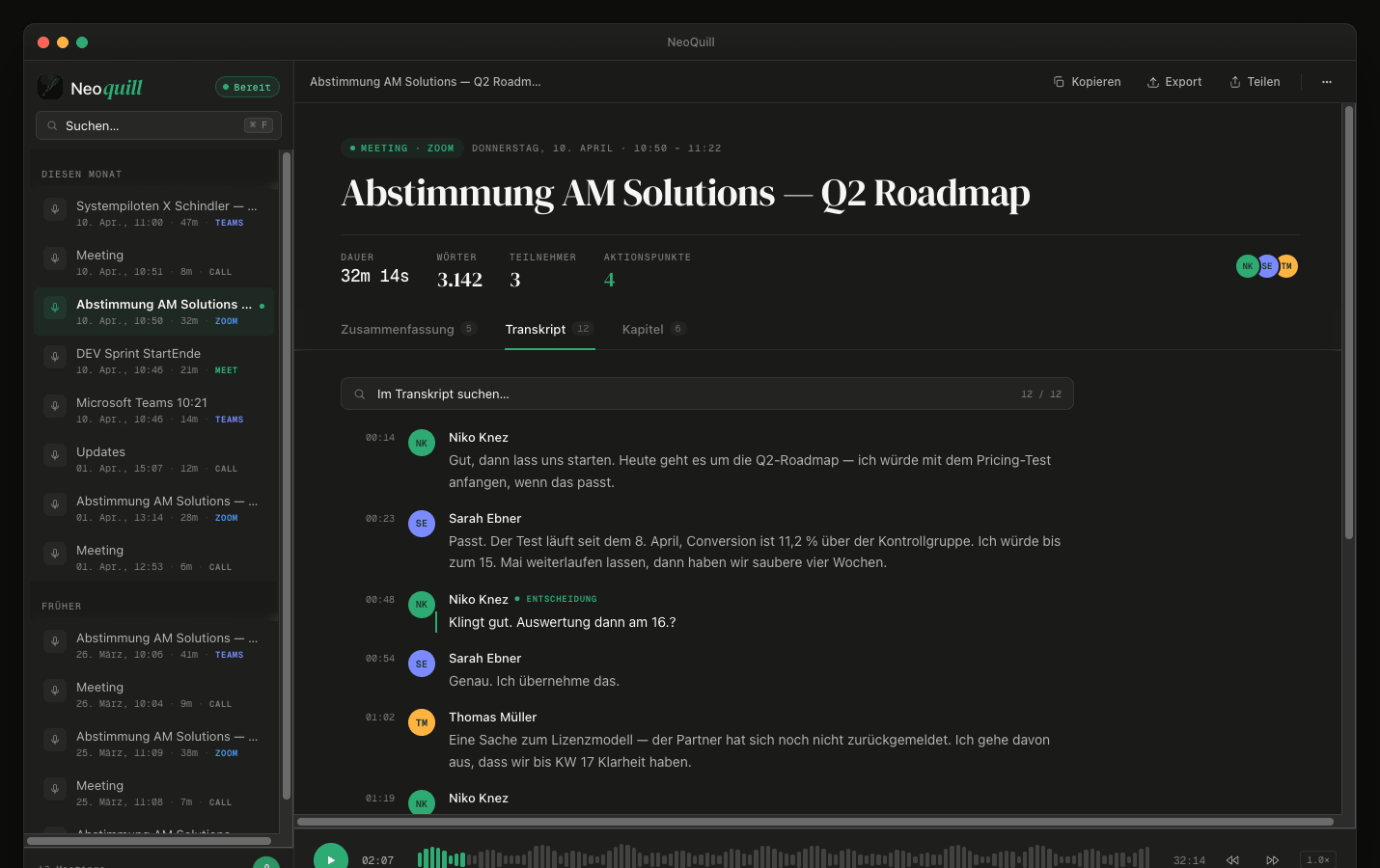 Quill Transkript-Ansicht: durchsuchbar, mit Sprecher-Trennung und Zeitstempeln