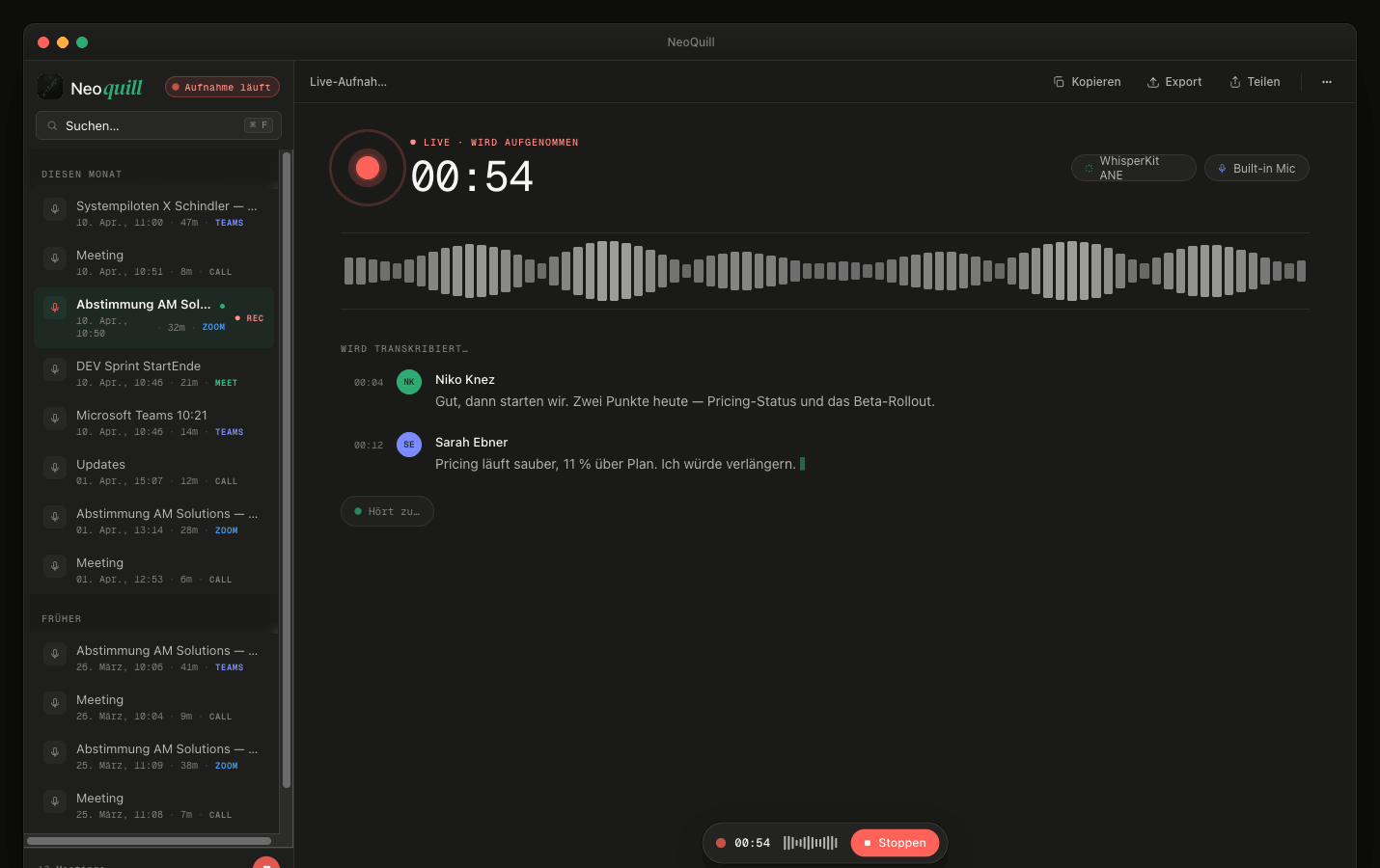 Quill Aufnahme-Ansicht: Live-Timer, Waveform, Echtzeit-Transkript